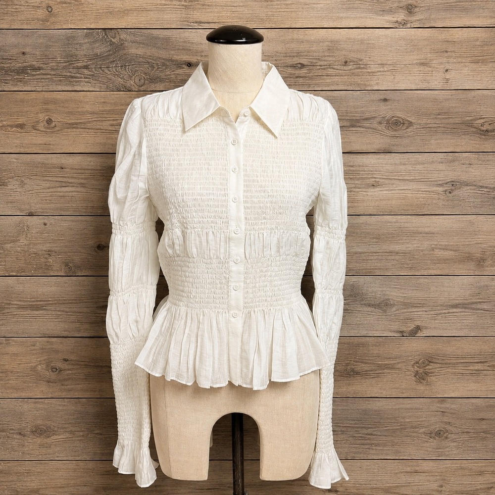 Endless Rose White Smocked Peplum Blouse Tencel Linen Blend NWT Small
